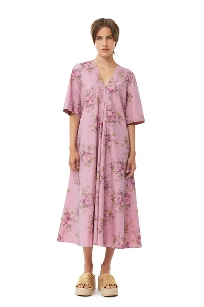 Ganni Short Sleeve Printed Cotton V-neck Maxi Dress In Orchid Smoke