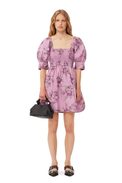 Ganni Short Sleeve Printed Cotton Mini Smock Dress In Orchid Smoke