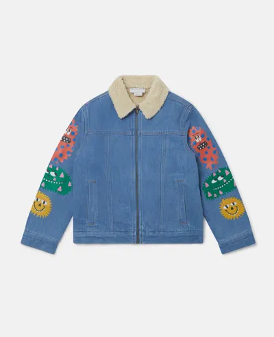 Stella Mccartney Monster Patch Borg Denim Jacket In Blue