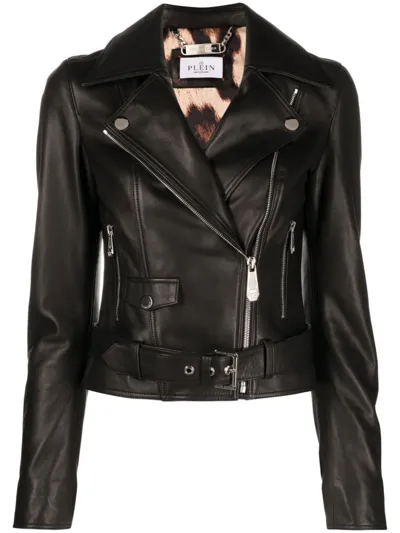 Philipp Plein Leather Biker Jacket In Schwarz