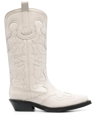 Ganni White Mid Shaft Embroidered Western Boots