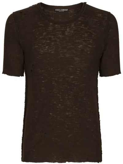 Dolce & Gabbana Semi-sheer Distressed-finish T-shirt In Brown