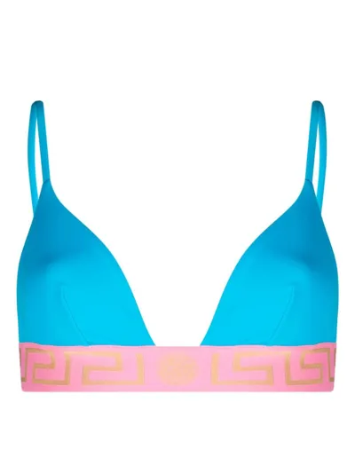 Versace Greca-border Triangle Bikini Top In Blue