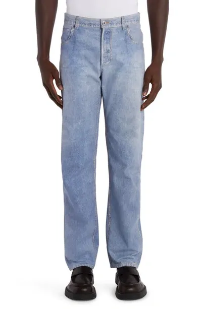 Bottega Veneta Denim Print Straight Leg Leather Pants In 4942 Light Blue