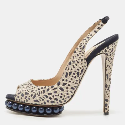 Pre-owned Nicholas Kirkwood Navy Blue/cream Laser Cut Lace And Suede Pearl Platform Peep Toe Slingback Pumps Size 39