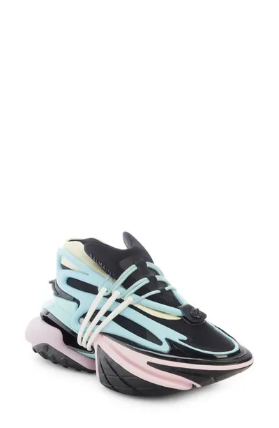 Balmain Unicorn In Neoprene And Leather Sneakers In Black Blue Multi