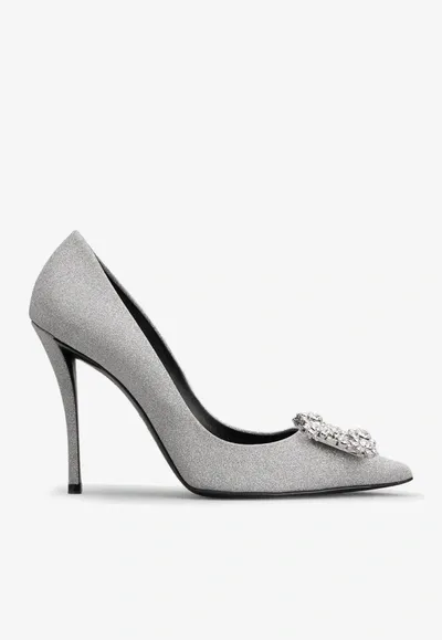 Roger Vivier 100 Crystal Flower Buckle Pumps In Glitter Fabric In Silver