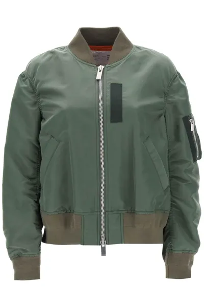 Sacai Khaki Pleated Bomber Jacket In Green