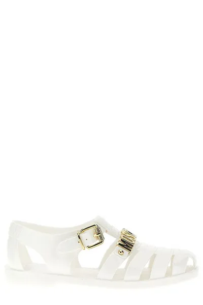 Moschino Logo Plaque Buckled Sandals In White