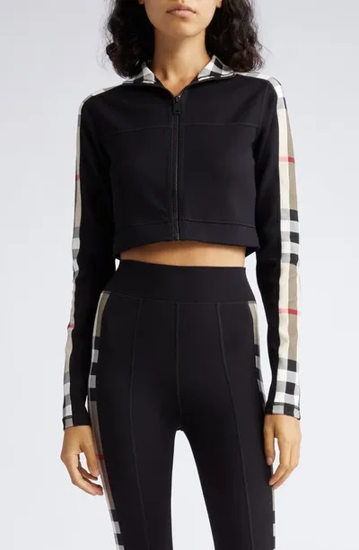 Burberry Cynthia Crop Check Panel Front Zip Top In Black