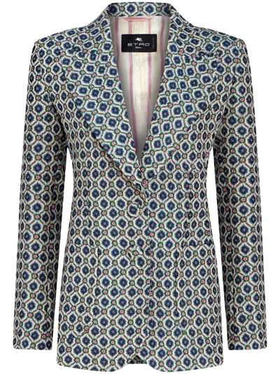 Etro Printed Tile Jacquard Blazer Jacket In Navy