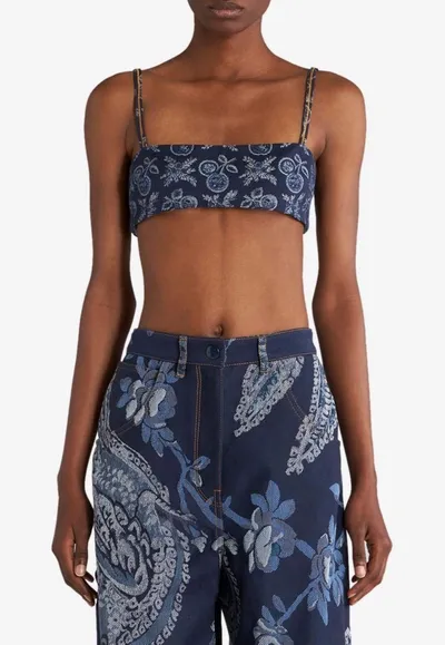 Etro Embroidered Denim Crop Top In Navy