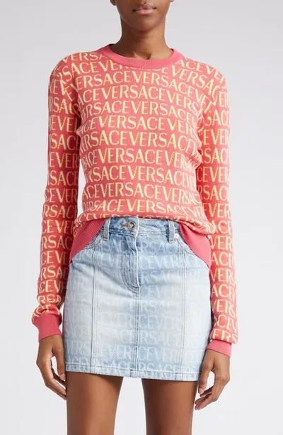 Versace Allover Logo Jacquard Sweater In Pink