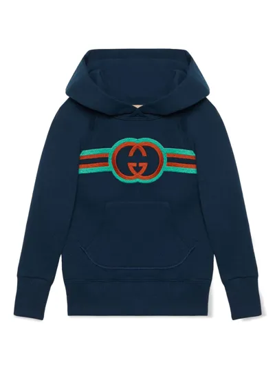 Gucci Kids' Interlocking G Embroidered Hoodie In Blue