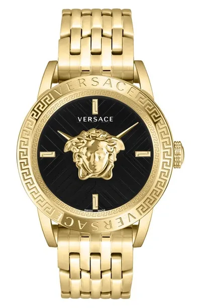 Versace Men's V-code Swiss Ion-plated Gold-tone Stainless Steel Bracelet Watch 43mm In Ip Yellow Gold