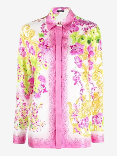 Versace Orchid Print Button-down Silk Blouse In White+print