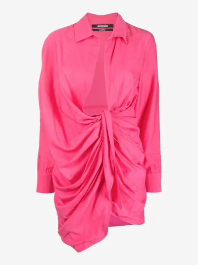 Jacquemus Bahia Knotted Twill Mini Shirt Dress In Pink