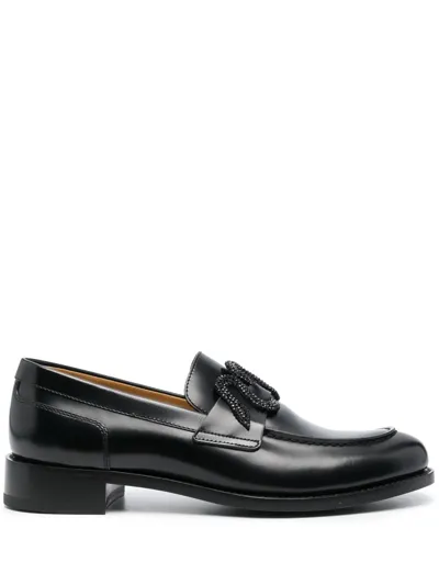 René Caovilla Crystal-embellished Leather Loafers In Black