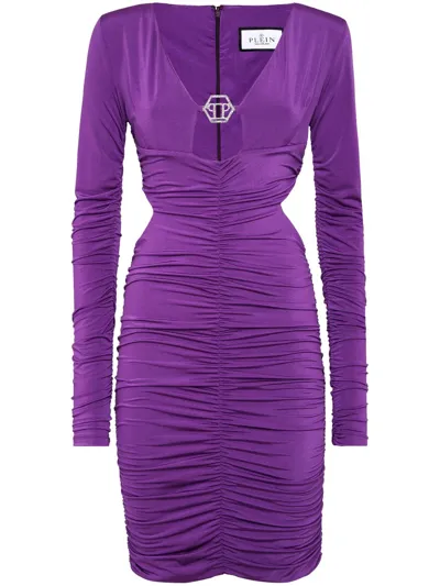 Philipp Plein Logo-plaque Ruched Midi Dress In Purple