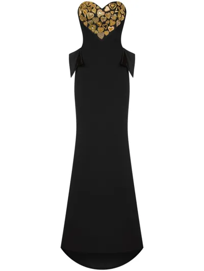 Moschino Sweetheart-neck Embroidered Maxi Dress In Schwarz