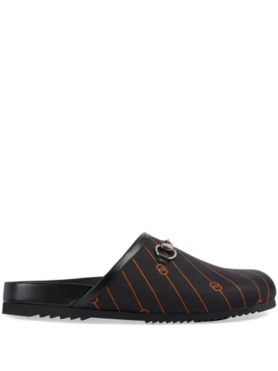 Gucci Men's River Horsebit Canvas Mules In Black Orange