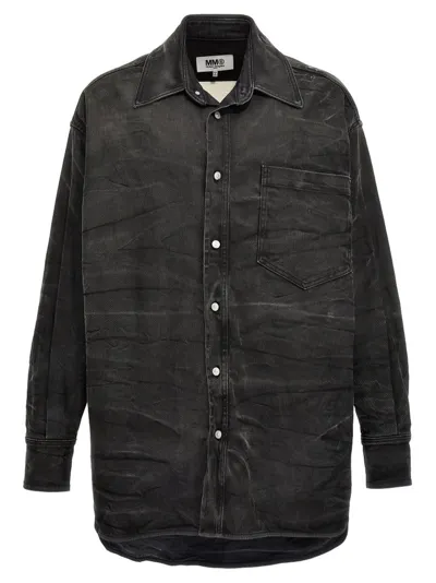 Mm6 Maison Margiela Crinkled Denim Overshirt In Black