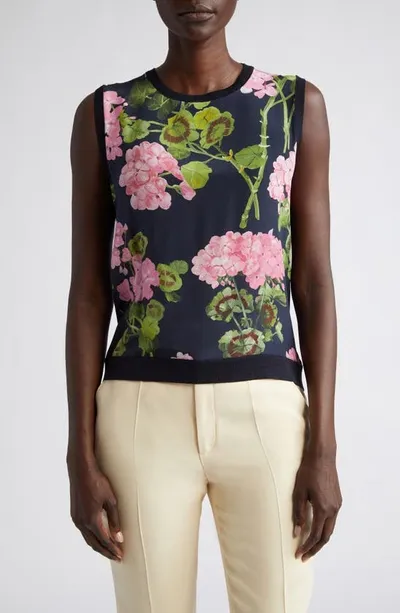 Oscar De La Renta Geranium-print Silk Inset Knit Tank Top In Pink Navy