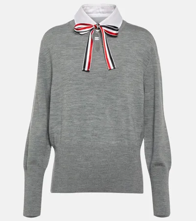 Thom Browne Tie-neck Wool Sweater In Light Grey