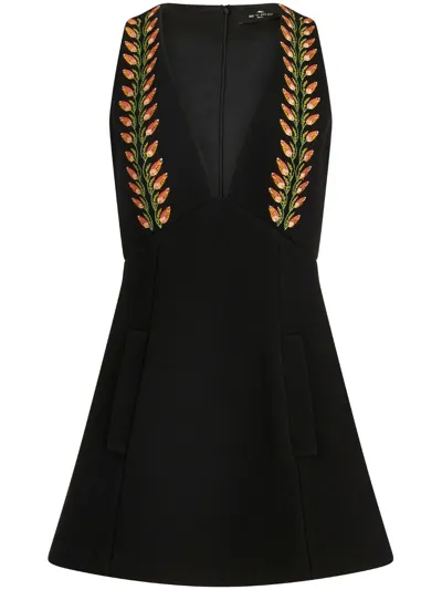 Etro Mini Dress In Wool And Floral Embroidery In Black