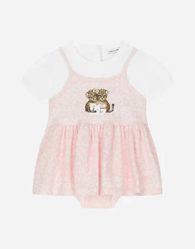 Dolce & Gabbana Babies' Short-sleeved Dress With All-over Logo-print In Multicolor