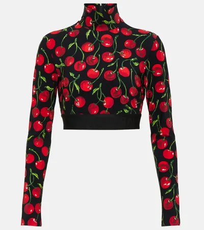 Dolce & Gabbana Cherry-print Long-sleeve Crop Top In Ciliegie Nero