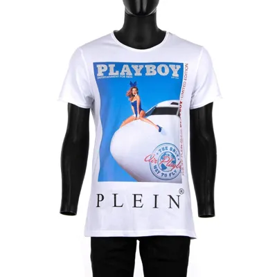 Pre-owned Philipp Plein X Playboy Stewardess Print T-shirt Mit Kristallen Logo Weiss 08457