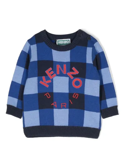 Kenzo Babies' Logo-embroidered Gingham-print Sweatshirt In Blue