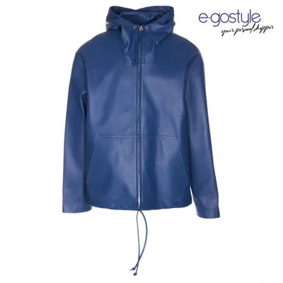 Bottega Veneta Zip Hooded Leather Jacket In Blue