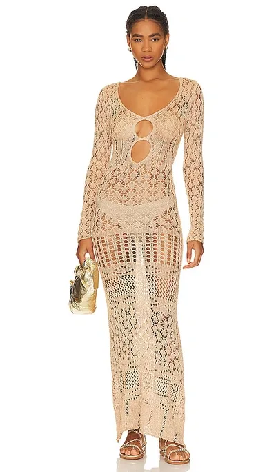 Sndys X Revolve Long Sleeve Crochet Maxi Dress In Tan