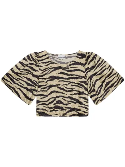 Ganni Zebra-print Crinked Cropped T-shirt In 531