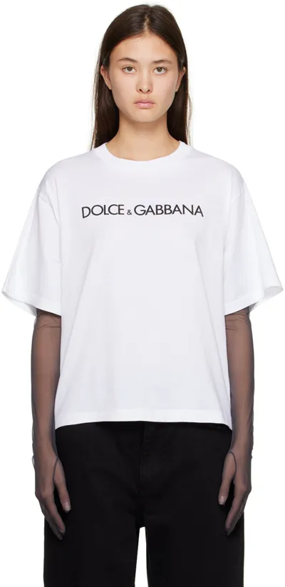 Dolce & Gabbana White Crew-neck T-shirt With Logo In Cotton In Bianco