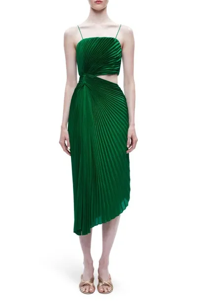 Alice And Olivia Fayeth Pleated Asymmetric Maxi Dress In Deep Sage