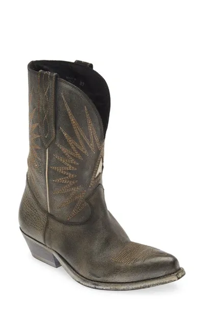 Golden Goose Wish Star Short Western Boot In Black/ecru Silver