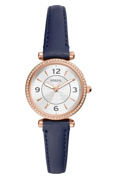 Fossil Women's Carlie Three-hand Navy Genuine Leather Watch, 28mm In Silver