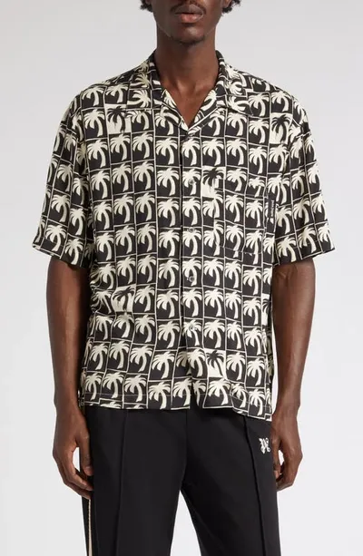 Palm Angels Palm-tree Print Bowling Shirt In Black Off