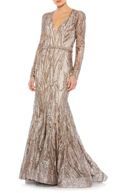 Mac Duggal Embellished Long Sleeve Plunge Neck Trumpet Gown In Taupe