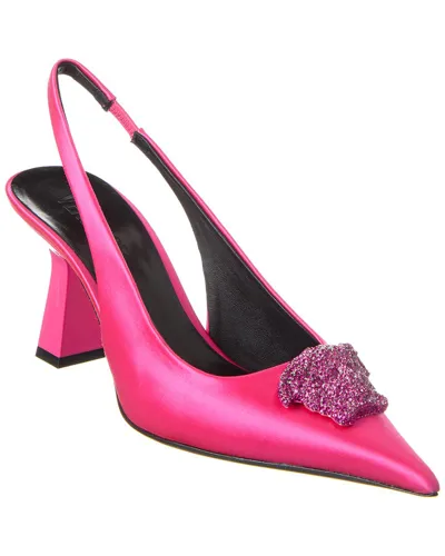 Versace 80 Crystal Embellished Medusa Slingback Pumps In Satin In Pink