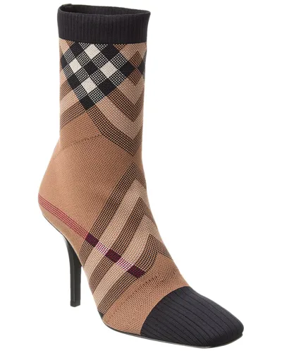 Burberry Dolman Check Stiletto Sock Booties In Birch Brown