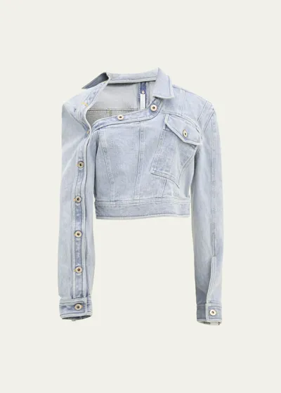 Rokh Asymmetric Denim Jacket With Button Details In Blue