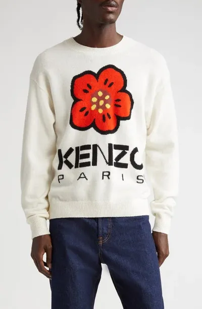 Kenzo Boke Intarsia Wool Knit Sweater In Ivory