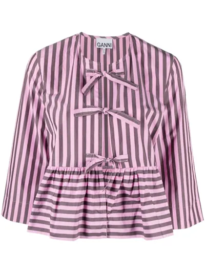 Ganni Short Sleeve Striped Cotton Peplum Blouse In Bonbon