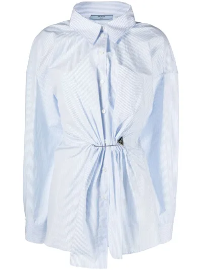 Prada Logo-pin Striped Cotton Shirt In White,sky Blue