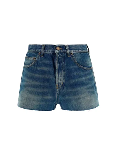 Saint Laurent High Rise Denim Shorts In Deep Blue