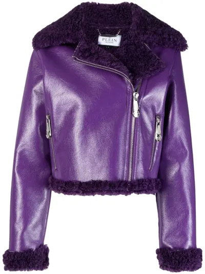 Philipp Plein Shearling-trim Leather Biker Jacket In Purple